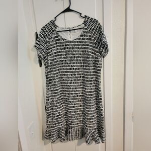 Garnet Hill Brushstroke 100% Silk Drop Waist Ruffle Short Sleeve Print Dress 8